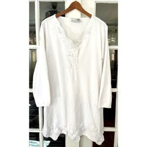Newport News Easy Style Long Tunic Top Shirt White Embroidered SZ XL